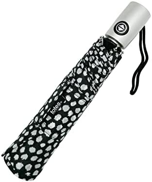 Totes Auto Open Close Umbrella with NeverWet Tech Black White Dots 43 Arc