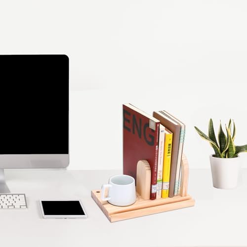 MEGREZ Wood Bookend Stand with Cup Holder and Pen Slots