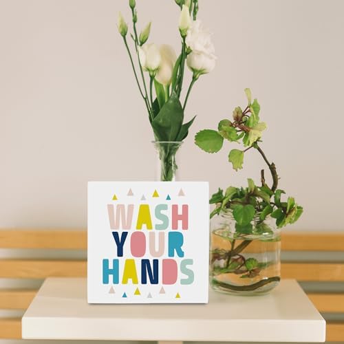 Wooden Hands Wash Sign for Kids Bathroom Decor 5x5