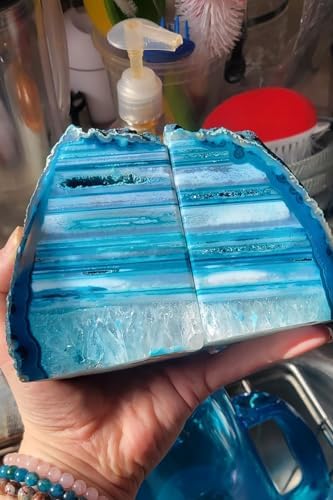 AMOYSTONE Teal Agate Geode Bookends 2-3 LBS with Rubber Bumpers