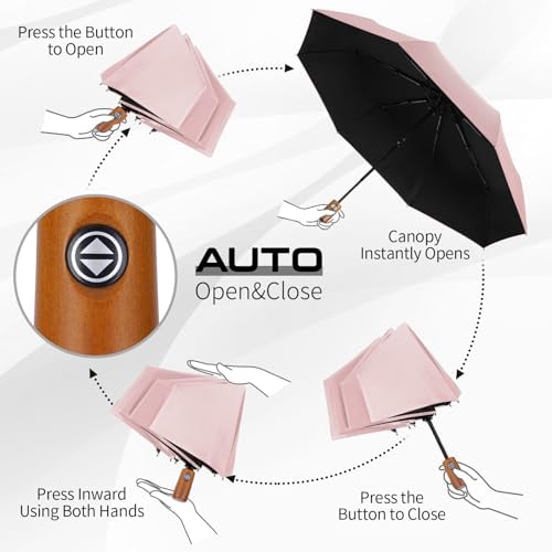 Yoobure Windproof Travel Umbrella with Wooden Handle
