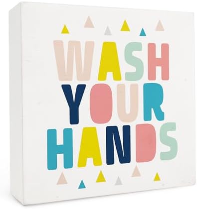 Wooden Hands Wash Sign for Kids Bathroom Decor 5x5