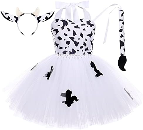 Girls Cow Cosplay Tutu Dress Set with Ears Headband Tail - 7-8 Years