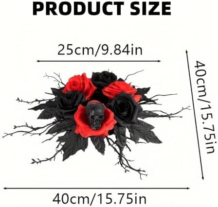 Gothic 16-Inch Skull Candle Holder with Red Rose