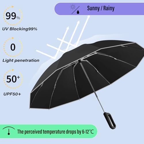 SSFUN Ring Buckle Fully Automatic Umbrella - Windproof and Reflective Safety Black