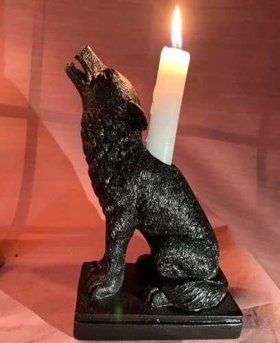 Dark Gothic Halloween Candlestick Holder with Wolf Figurine