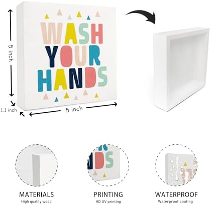 Wooden Hands Wash Sign for Kids Bathroom Decor 5x5