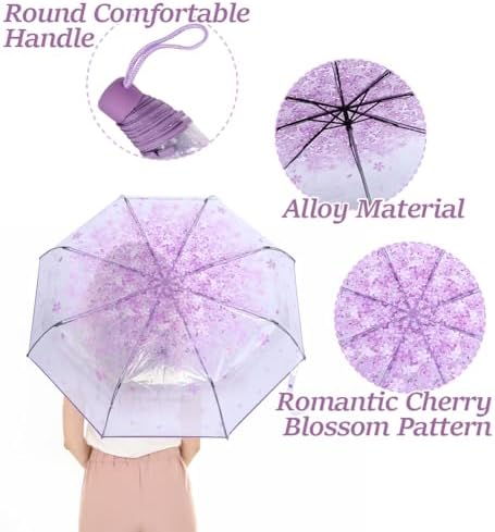 Tiiyee Clear Folding Purple Cherry Blossom Umbrella for Women Girls Kids