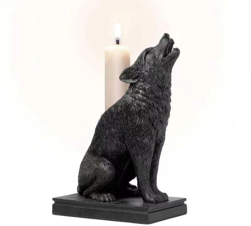 Dark Gothic Halloween Candlestick Holder with Wolf Figurine