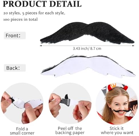 Jexine 100 Pcs Self Adhesive Fake Mustaches 20 Styles