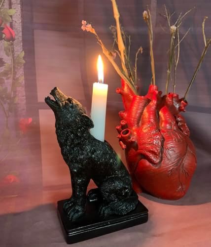 Dark Gothic Halloween Candlestick Holder with Wolf Figurine