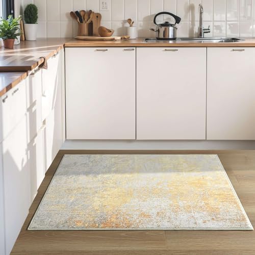 Ompaa 2x3 Entry Rugs Beige and Gold Washable Abstract Area Rug