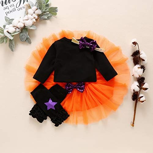 Baby Girl Halloween Pumpkin Romper with Tutu Skirt and Leg Warmers 1