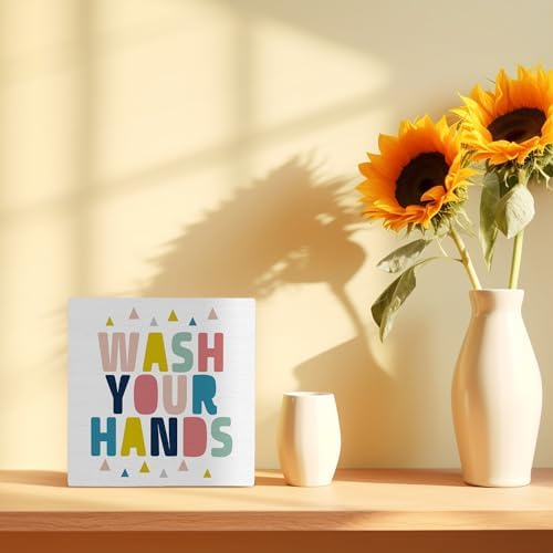 Wooden Hands Wash Sign for Kids Bathroom Decor 5x5