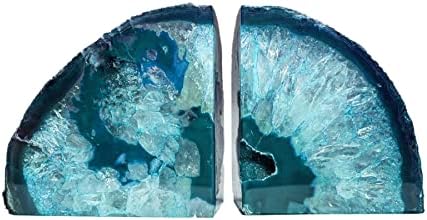 AMOYSTONE Teal Agate Geode Bookends 2-3 LBS with Rubber Bumpers