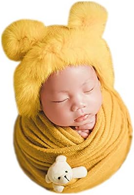 Vemonllas Baby Photo Props Teddy Bear Hat and Wrap Blanket Set