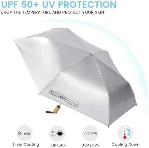 G4Free UPF 50 Sun Rain Travel Umbrella with Wooden Handle