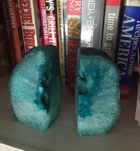 AMOYSTONE Teal Agate Geode Bookends 2-3 LBS with Rubber Bumpers