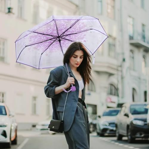 Tiiyee Clear Folding Purple Cherry Blossom Umbrella for Women Girls Kids