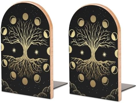 Sacred Tree Life Moon Print Bookends with Non-Skid Pads 1 Pair