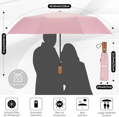 Yoobure Windproof Travel Umbrella with Wooden Handle