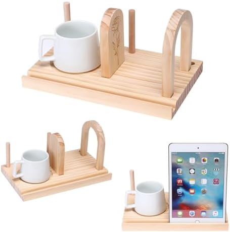 MEGREZ Wood Bookend Stand with Cup Holder and Pen Slots