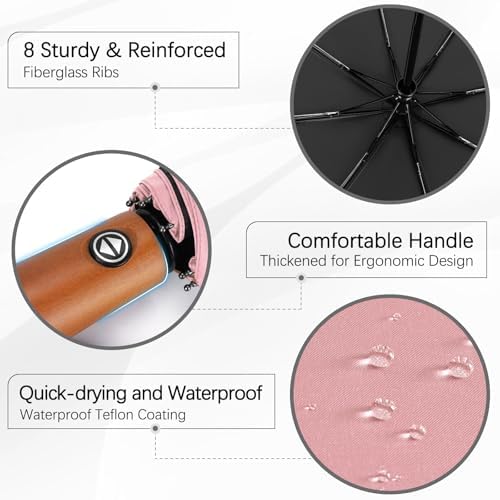 Yoobure Windproof Travel Umbrella with Wooden Handle