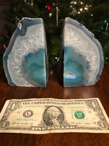 AMOYSTONE Teal Agate Geode Bookends 2-3 LBS with Rubber Bumpers