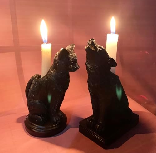 Dark Gothic Halloween Candlestick Holder with Wolf Figurine