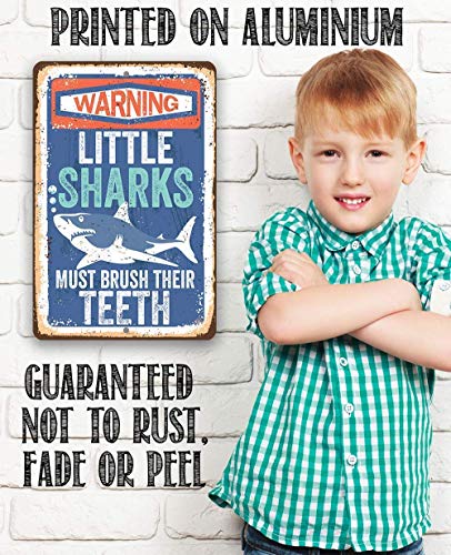 Little Sharks Brush Teeth Wall Art - Durable Rustic Metal Sign