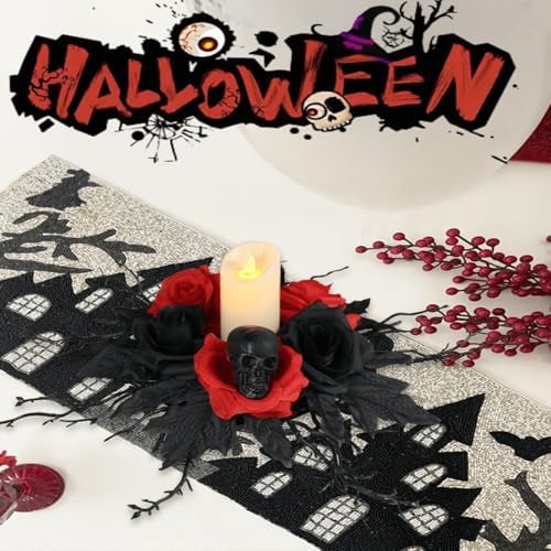 Gothic 16-Inch Skull Candle Holder with Red Rose