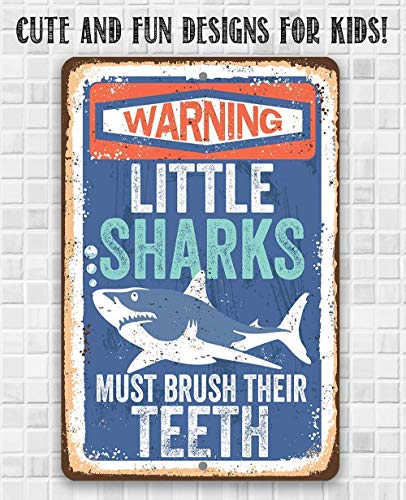 Little Sharks Brush Teeth Wall Art - Durable Rustic Metal Sign