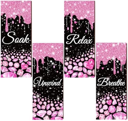 Sivak 4 Pcs Glitter Diamond Pink Black Wall Decor Signs