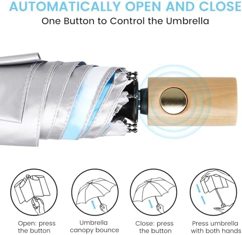 G4Free UPF 50 Sun Rain Travel Umbrella with Wooden Handle