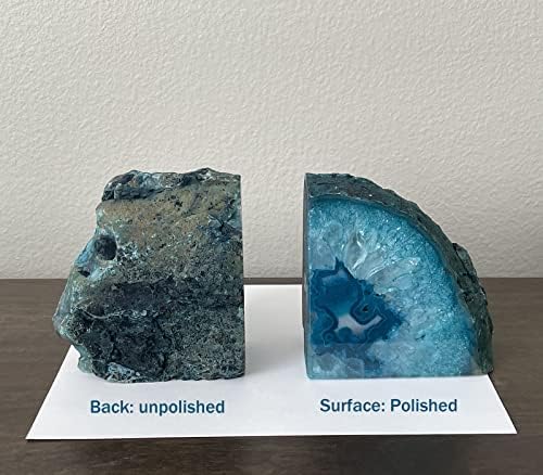 AMOYSTONE Teal Agate Geode Bookends 2-3 LBS with Rubber Bumpers