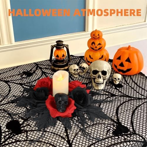 Gothic 16-Inch Skull Candle Holder with Red Rose