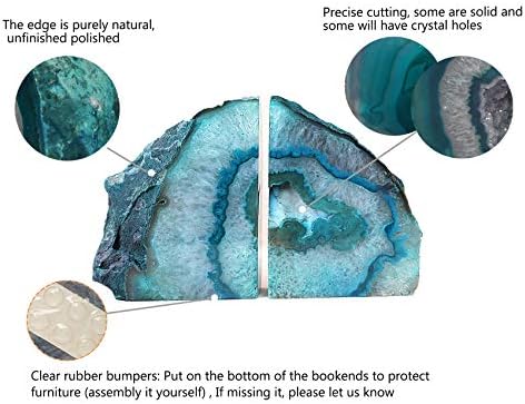 AMOYSTONE Teal Agate Geode Bookends 2-3 LBS with Rubber Bumpers