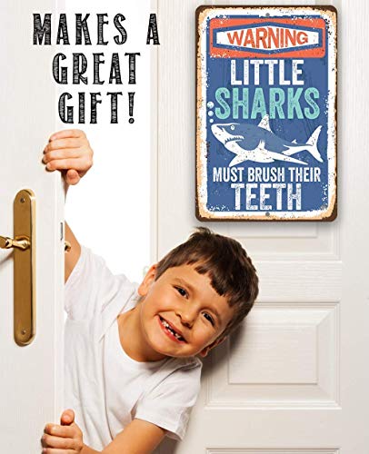Little Sharks Brush Teeth Wall Art - Durable Rustic Metal Sign