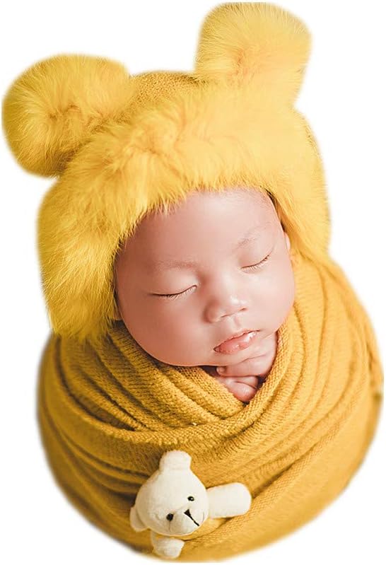 Vemonllas Baby Photo Props Teddy Bear Hat and Wrap Blanket Set