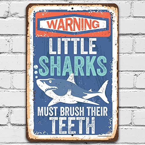 Little Sharks Brush Teeth Wall Art - Durable Rustic Metal Sign