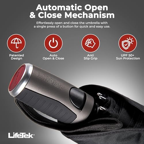 LifeTek Windproof Travel Umbrella - Compact Automatic UV Protection