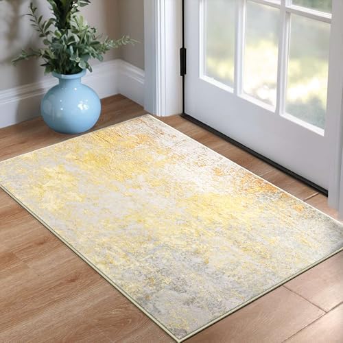 Ompaa 2x3 Entry Rugs Beige and Gold Washable Abstract Area Rug