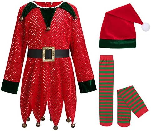 IMEKIS Girls Christmas Elf Costume with Hat and Stockings