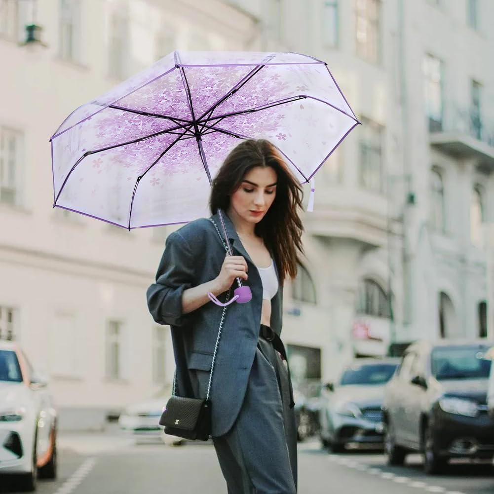 Tiiyee Clear Folding Purple Cherry Blossom Umbrella for Women Girls Kids