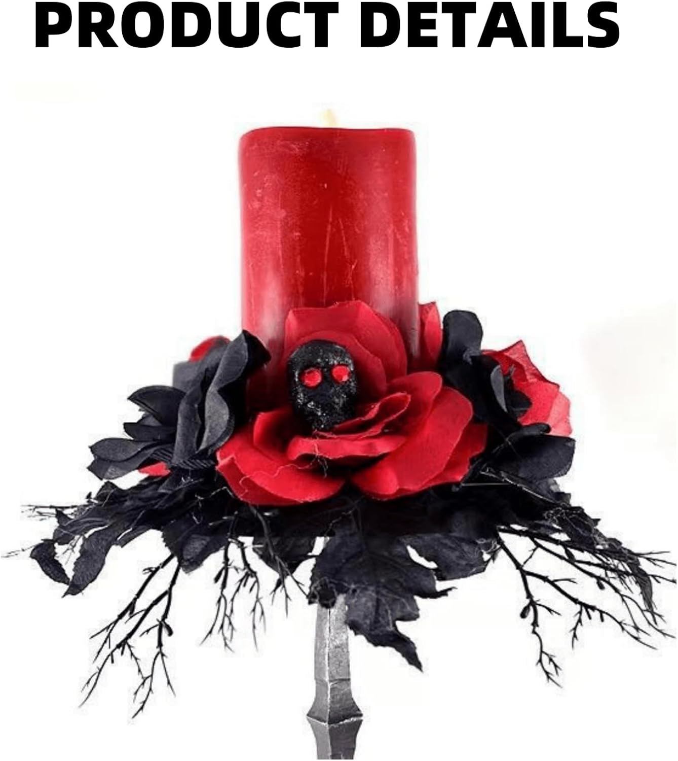Gothic 16-Inch Skull Candle Holder with Red Rose