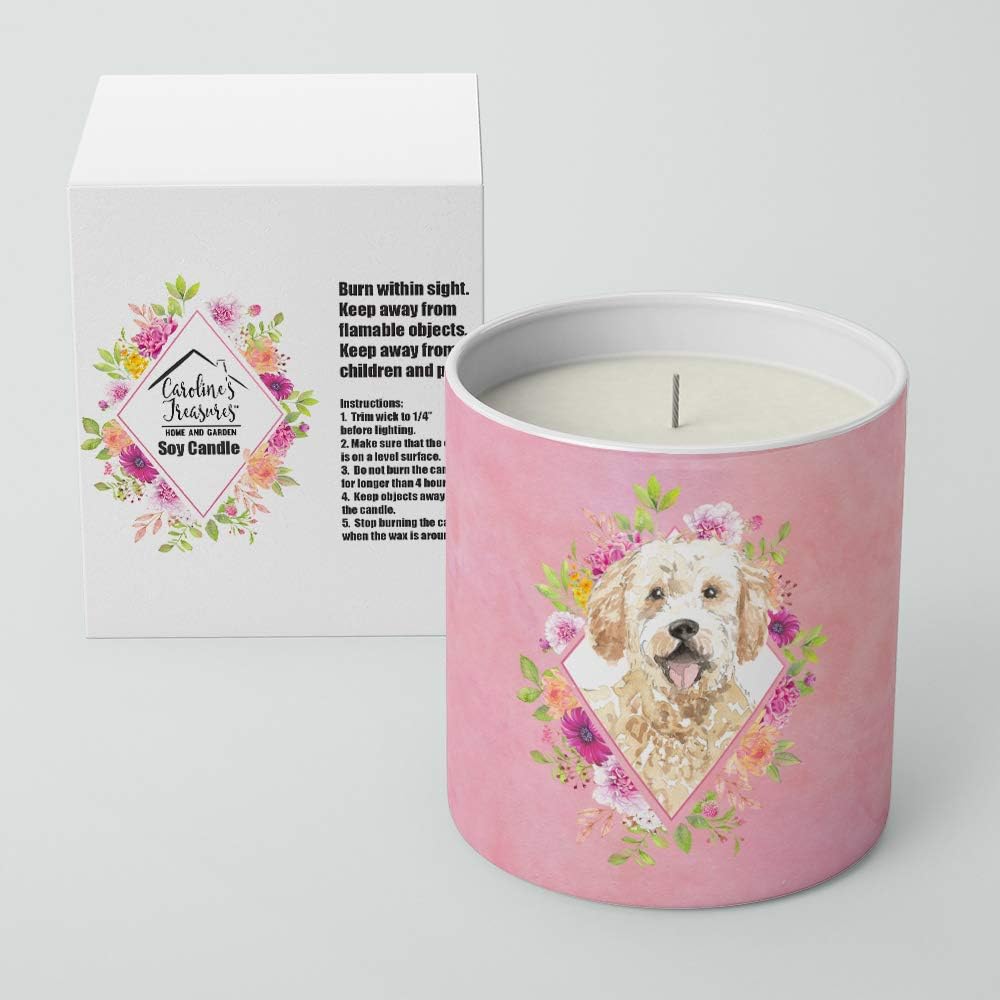 Carolines Treasures Goldendoodle Pink Flowers Soy Candle 10 oz