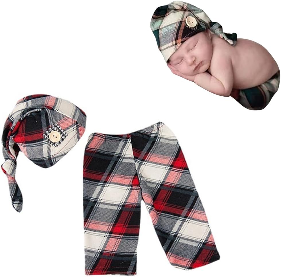 Vomdrok Newborn Baby Gentleman Lattice Hat and Pants Set