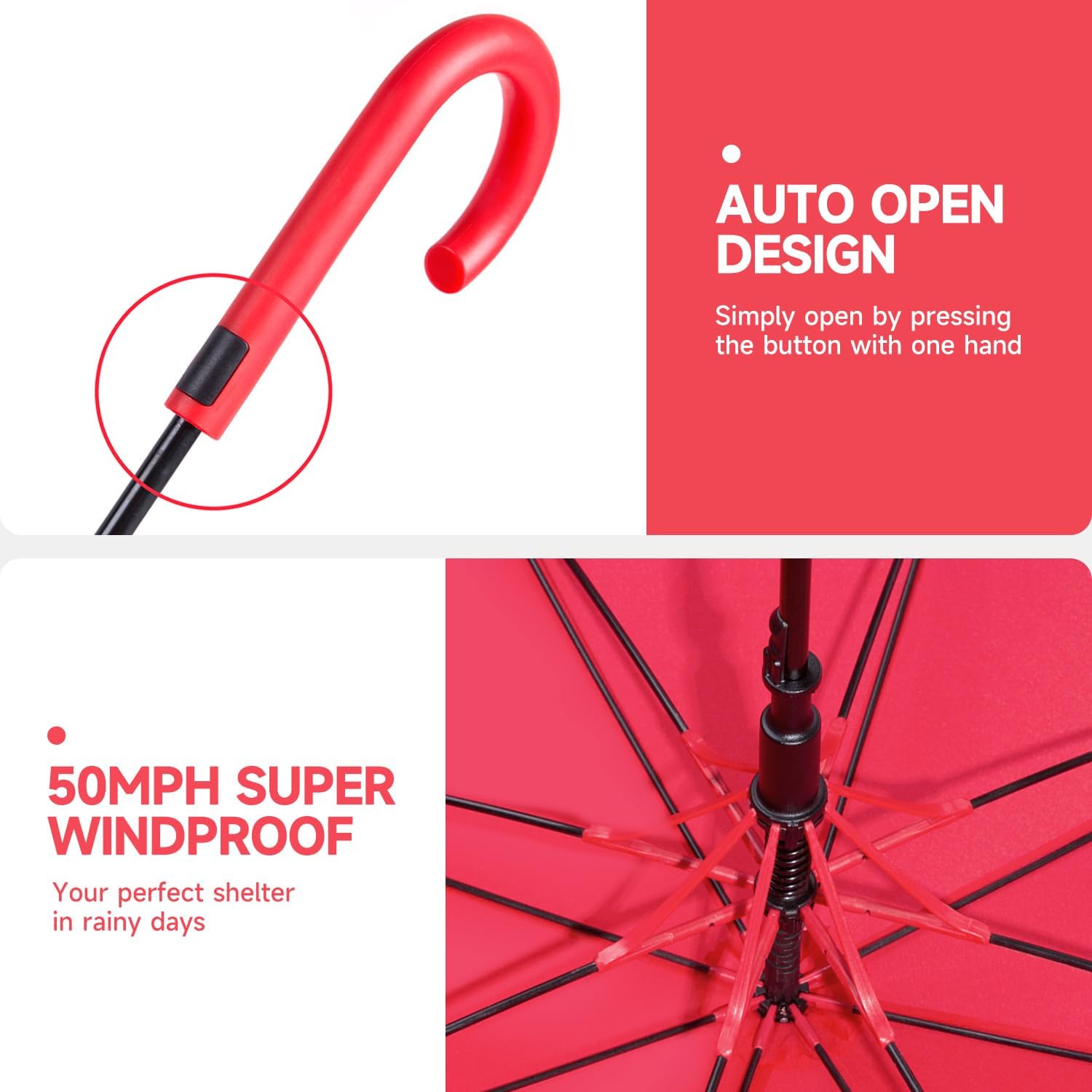 RUMBRELLA UV Stick Umbrella Auto Open UPF 50 with J Hook Handle 51IN
