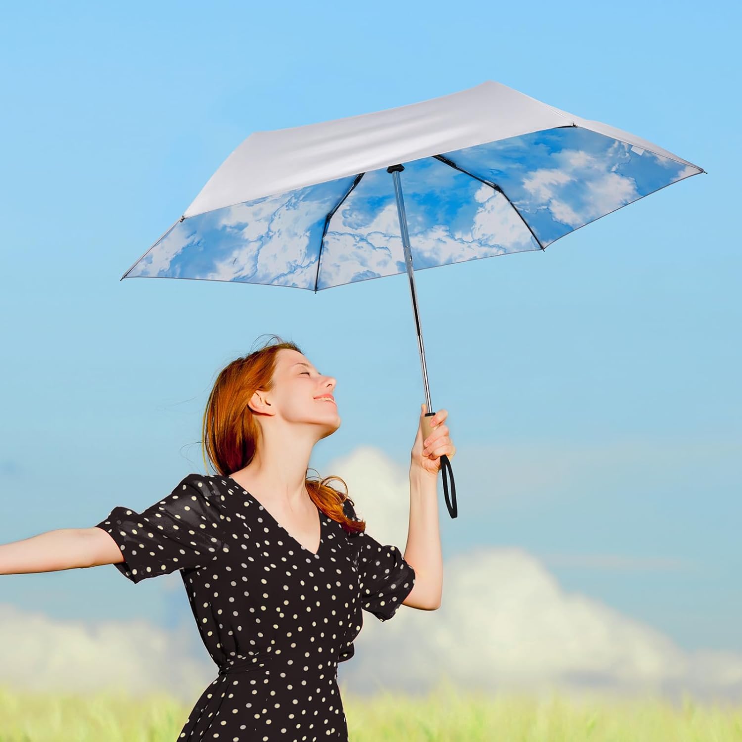 G4Free UPF 50 Sun Rain Travel Umbrella with Wooden Handle