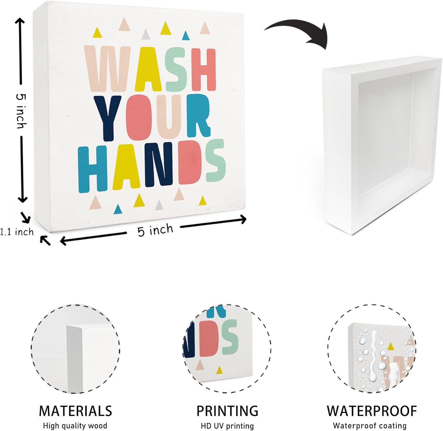 Wooden Hands Wash Sign for Kids Bathroom Decor 5x5
